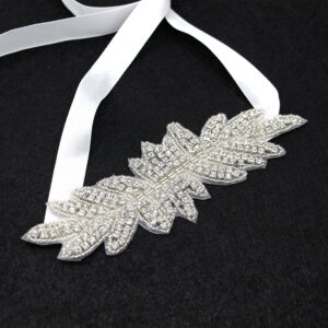 Rhinestone Leaf Bridal Sash White Ribbon Wedding Dress Belt for Brides Formal Evening Gown Decor
