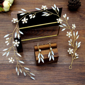 Gold Wire Leaf Pearl Bridal Headpiece Matching Drop Earrings Jewelry Set for Wedding Elegant Styling