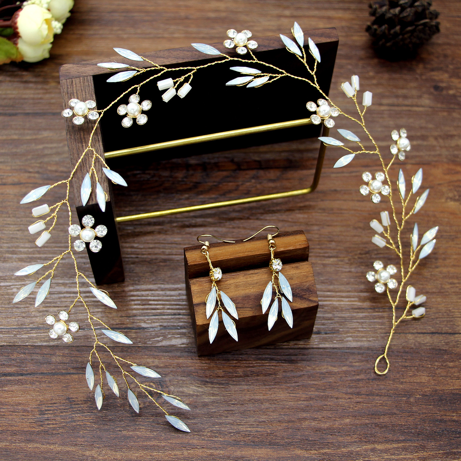 Gold Wire Leaf Pearl Bridal Headpiece Matching Drop Earrings Jewelry Set for Wedding Elegant Styling