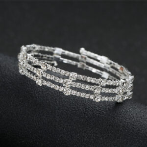 Multi Layer Silver Rhinestone Coil Bangle Sparkling Women Bracelet for Wedding Prom Formal Evening Party