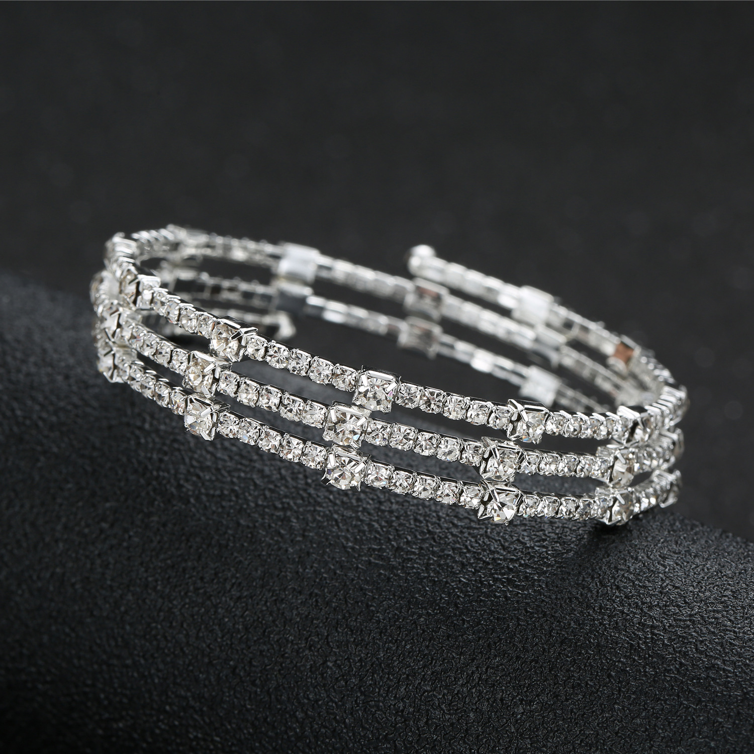 Multi Layer Silver Rhinestone Coil Bangle Sparkling Women Bracelet for Wedding Prom Formal Evening Party