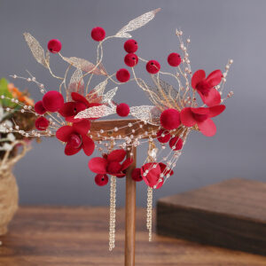 Red Fabric Flower Gold Leaf Tassel Bridal Headpiece Wedding Chinese Style Elegant Banquet Hair Crown