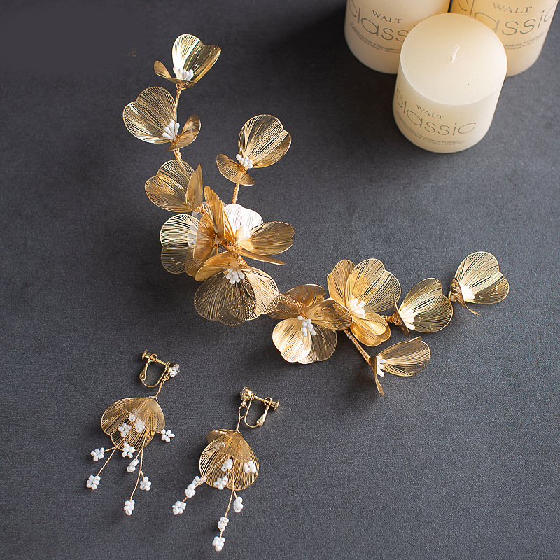 Handmade Gold Wire Floral Bridal Headpiece with Matching Clip Earrings Set for Wedding Elegant Styling