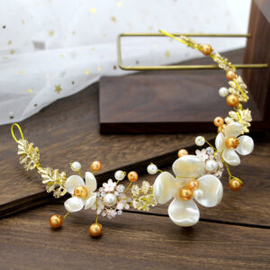 Vintage Gold Leaf White Flower Hair Garland Two-tone Pearl Crystal Flexible Hairvine for Bride Updo Hairstyle