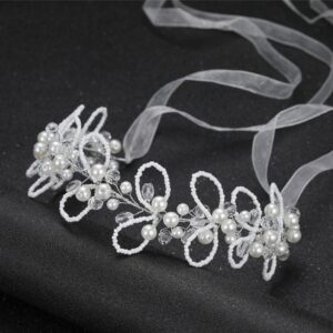 Handmade Pearl Beaded Flower Bridal Headband With Sheer Ribbon Elegant Wedding Party Women Hair Accessory