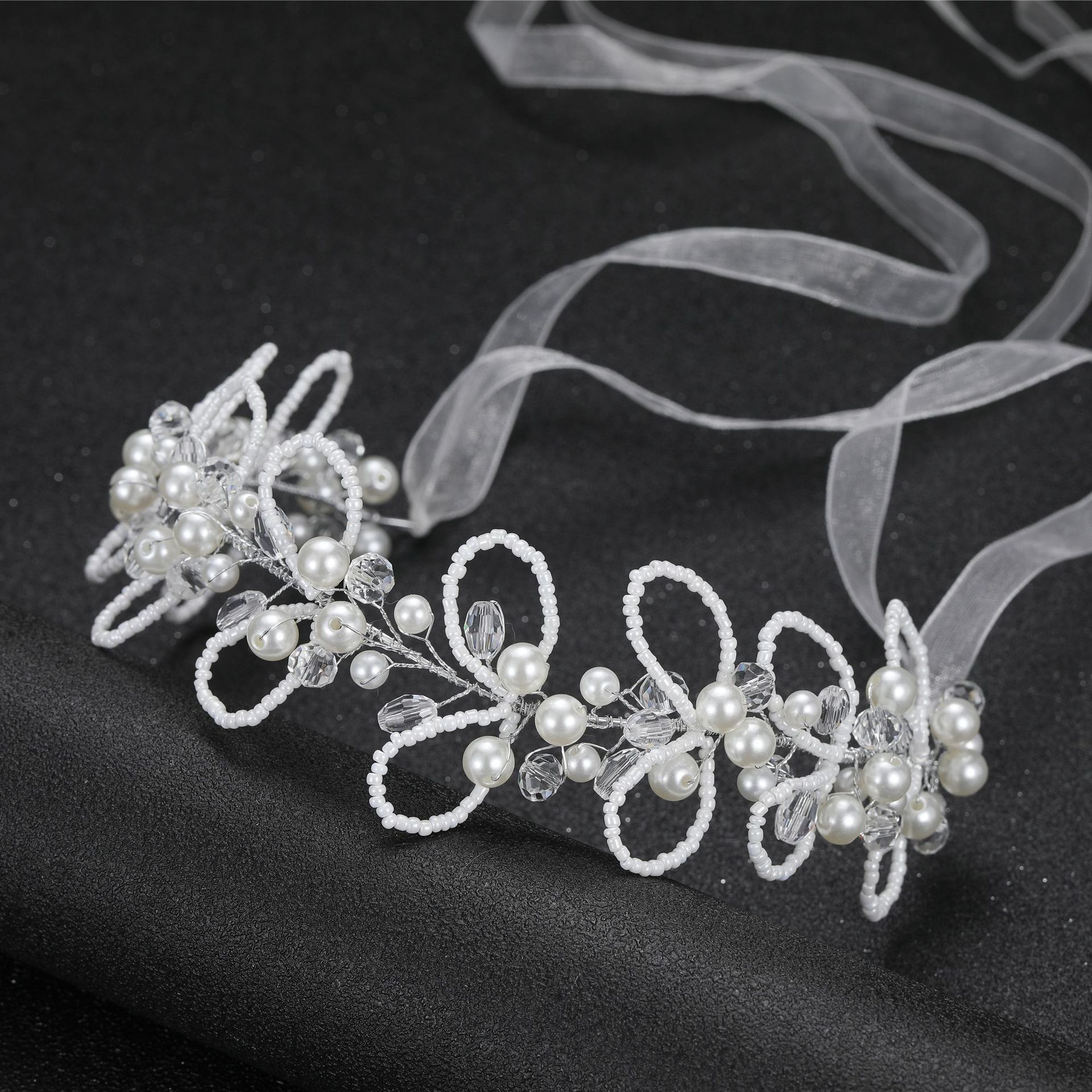 Handmade Pearl Beaded Flower Bridal Headband With Sheer Ribbon Elegant Wedding Party Women Hair Accessory