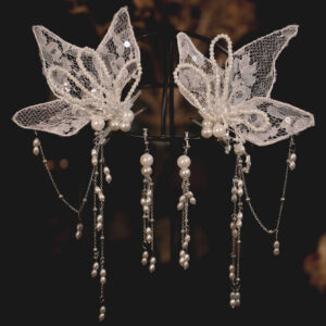 Pair White Lace Butterfly Pearl Tassel Hair Clips Elegant Bridal Wedding Party Women Hair Accessories