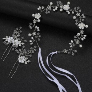 Handmade Pearl Crystal Flower Bridal Headband With U Hair Pins Wedding Party Women Hair Set