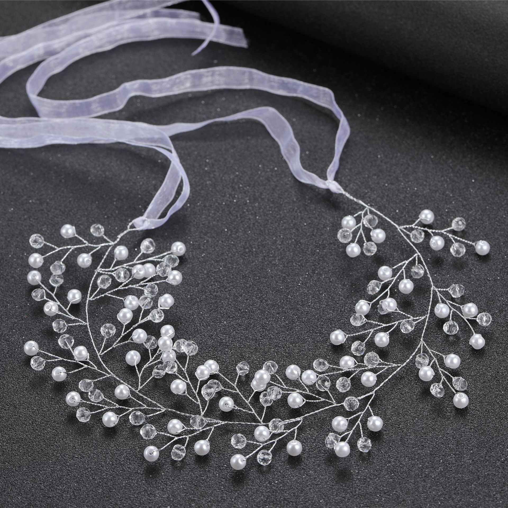 Handmade Pearl Crystal Vine Bridal Headband With Lavender Organza Ribbon Elegant Wedding Party Hair Accessory