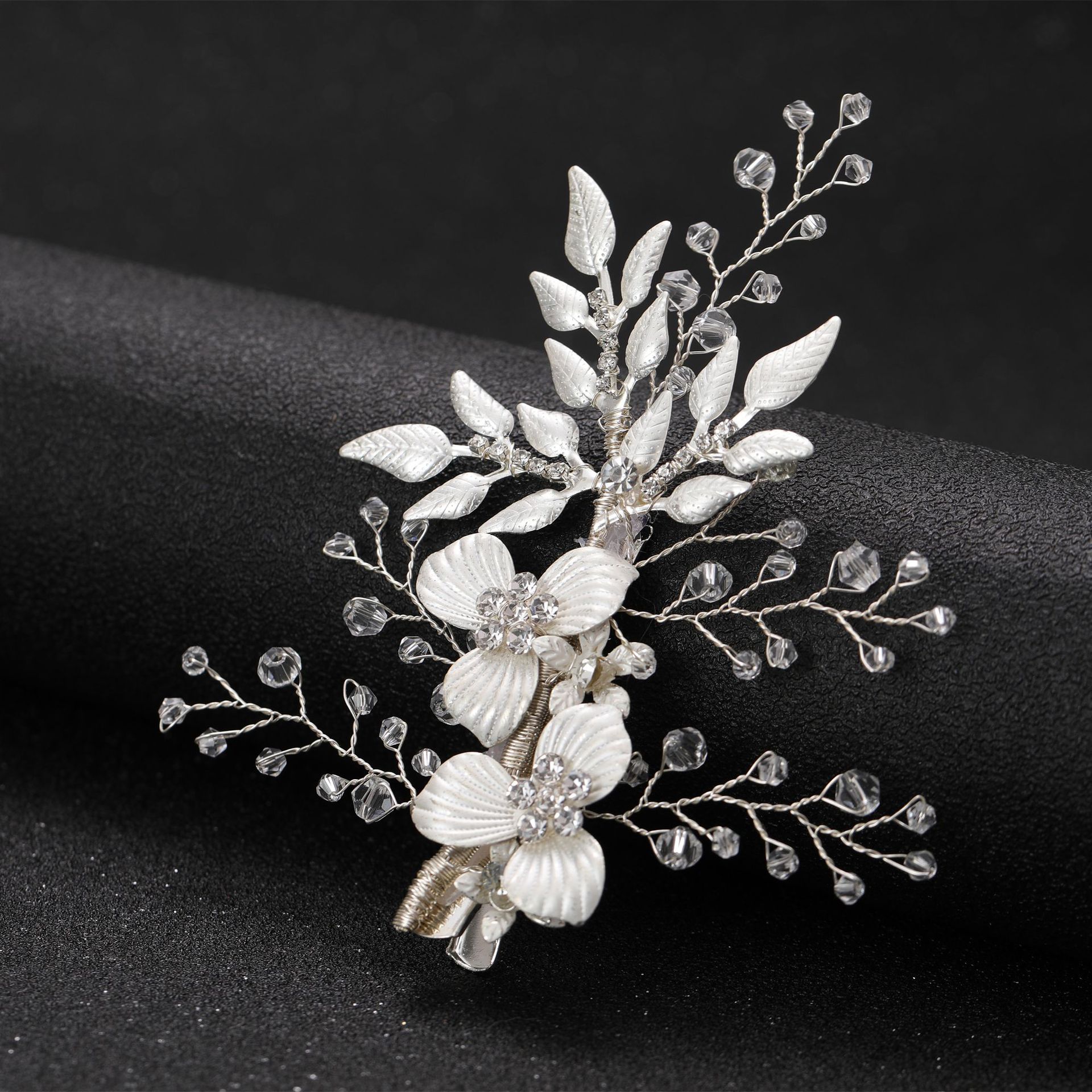Silver Flower Leaf Crystal Bridal Hair Clip Elegant Wedding Party Women Floral Hair Accessory Headdress