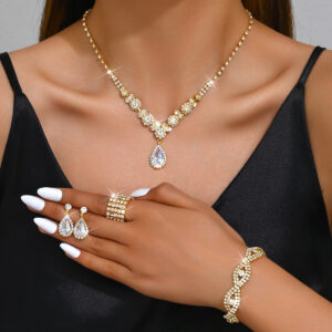 Sparkling Crystal Teardrop Jewelry Set Necklace Earrings Ring Bracelet For Women Wedding Party Evening Wear