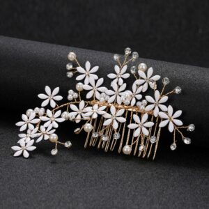 Gold White Flower Pearl Crystal Bridal Hair Comb Elegant Wedding Party Women Hair Accessory Headdress