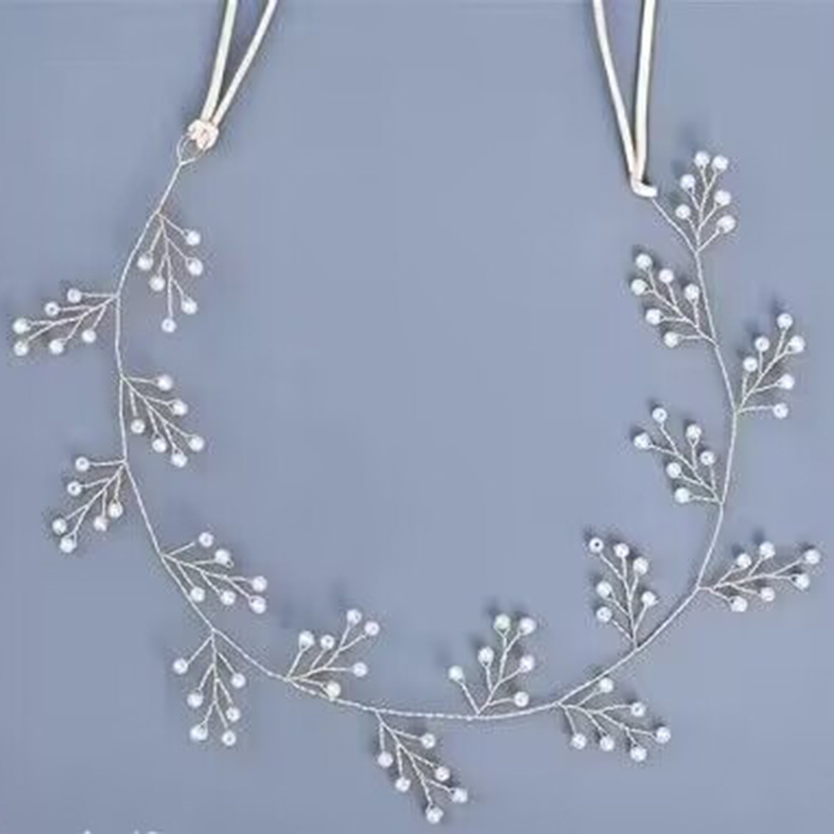 Handmade Silver Tiny Pearl Vine Bridal Headband With Satin Ribbon Elegant Wedding Party Hair Accessory