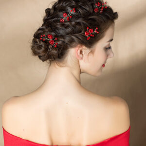 Handmade Gold Red Rose Flower Bridal U Hair Pins Elegant Wedding Party Women Hair Accessory