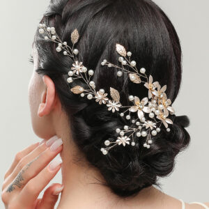 Vintage Golden Leaf Flower Faux Pearl Hair Garland Flexible Wire Bridal Hairvine Wedding Hair Decor