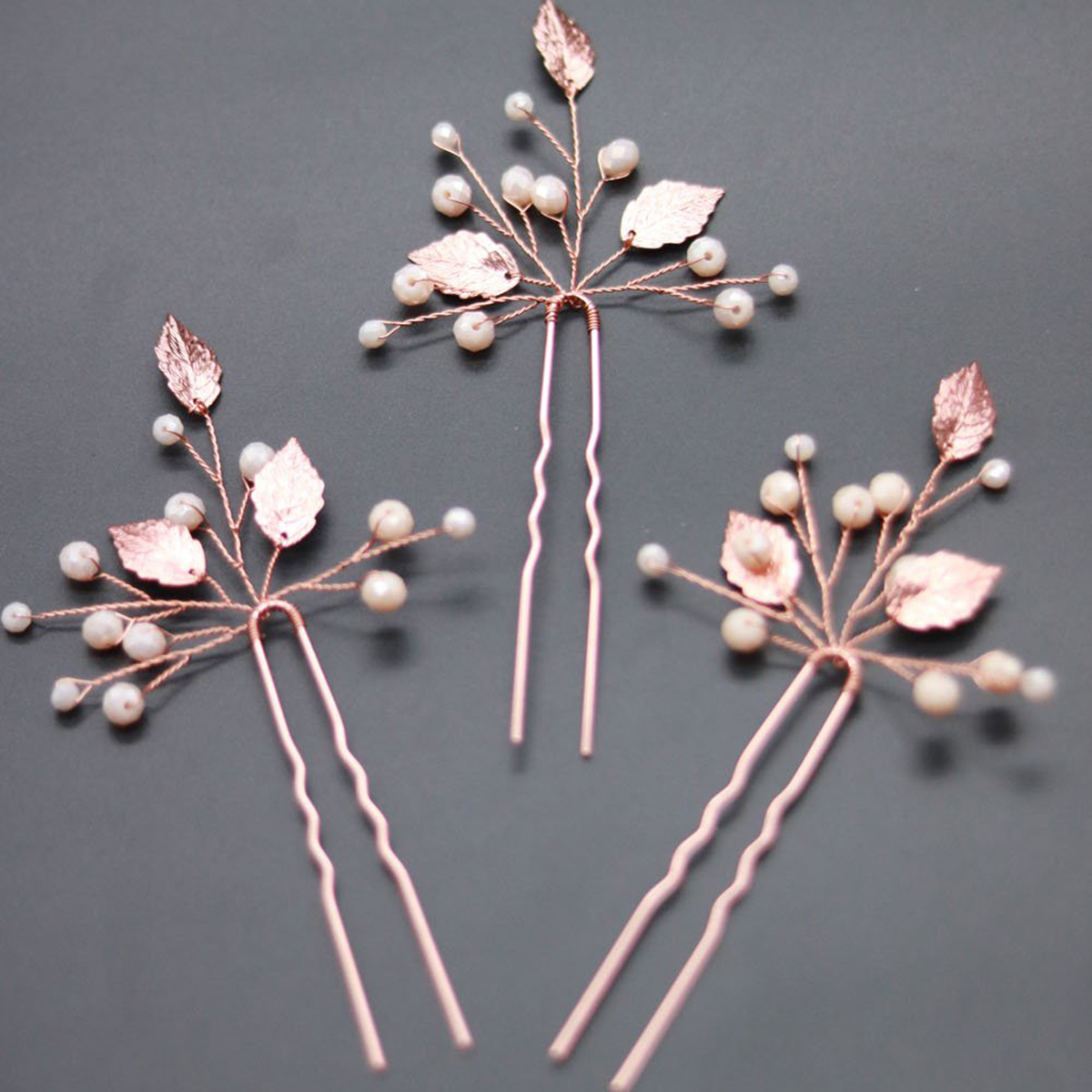 Handmade Rose Gold Leaf Pearl Bridal U Hair Pins Elegant Wedding Party Women Hair Accessory