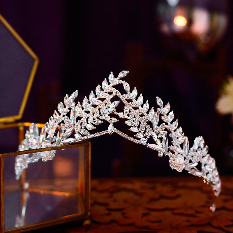 Silver Leaf Crystal Pearl Bridal Tiara Crown Elegant Wedding Prom Party Women Hair Accessory Headdress