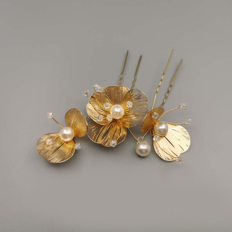 Handmade Gold Metal Flower Pearl Crystal Bridal U Hair Pins Elegant Wedding Party Hair Accessory
