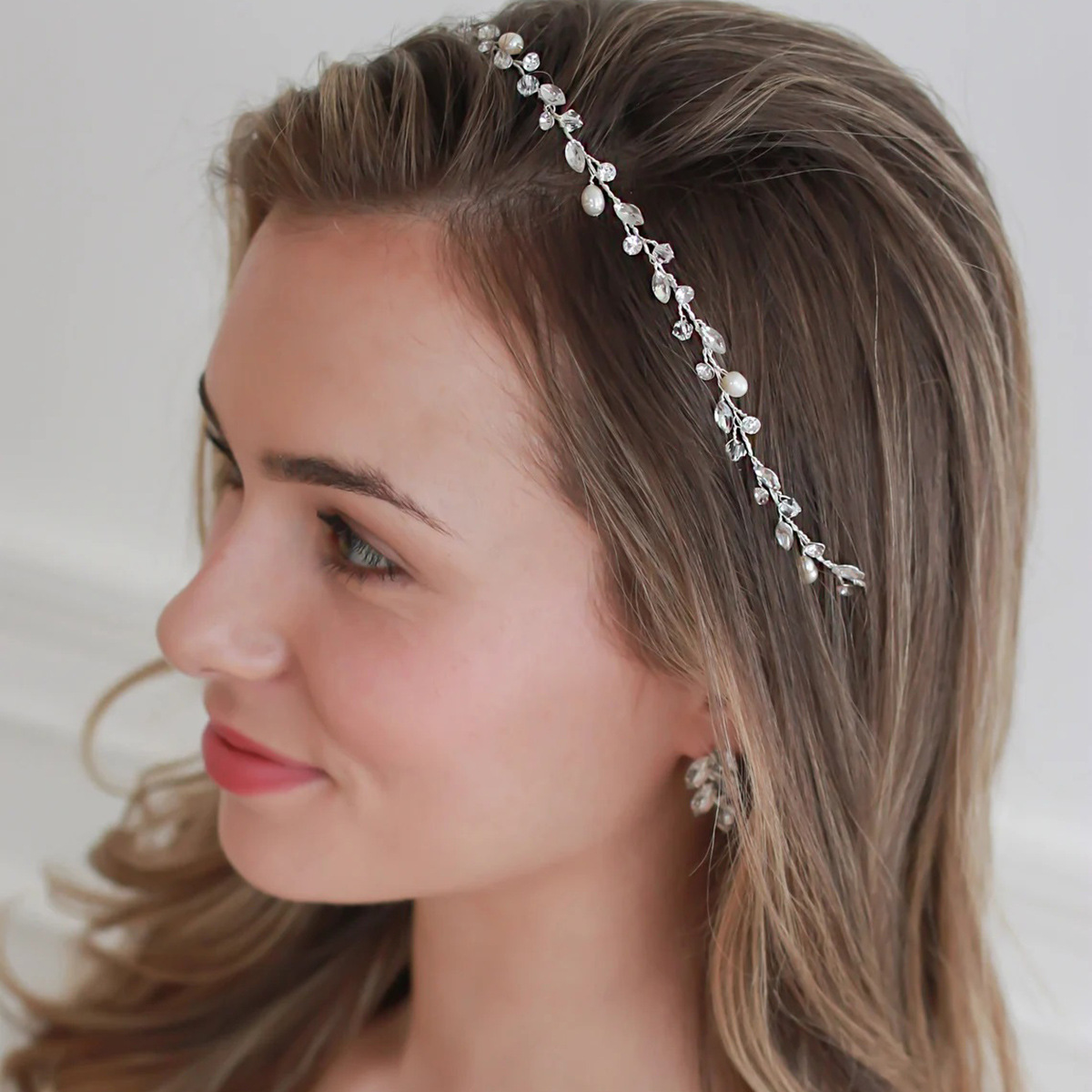 Handmade Silver Tiny Pearl Crystal Vine Bridal Headband Elegant Wedding Party Women Thin Hair Accessory