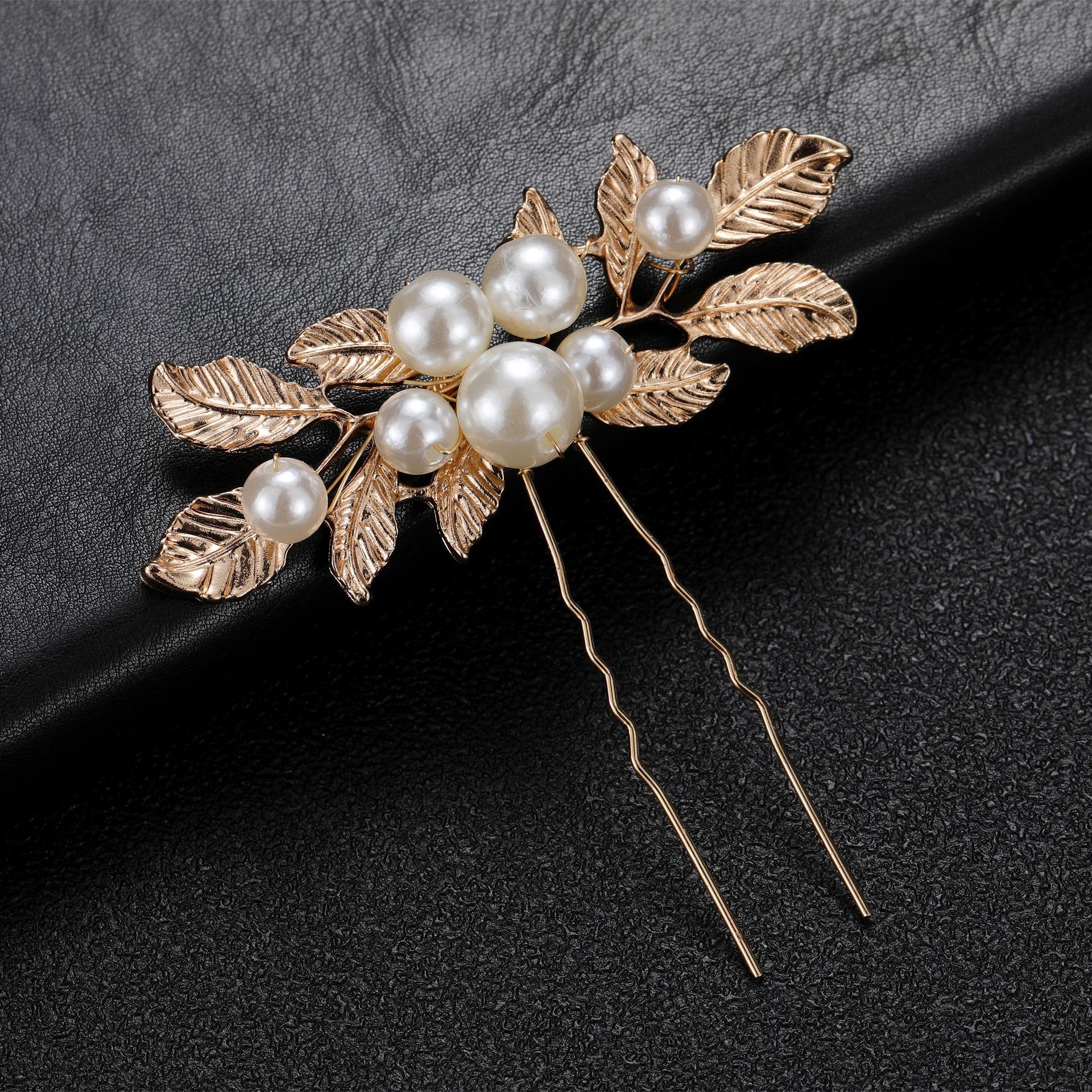 Gold Leaf Pearl Bridal U Hair Pin Elegant Vintage Wedding Party Women Floral Hair Accessory