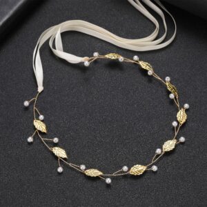 Gold Leaf Pearl Satin Ribbon Bridal Headband Elegant Wedding Party Women Boho Floral Hair Accessory