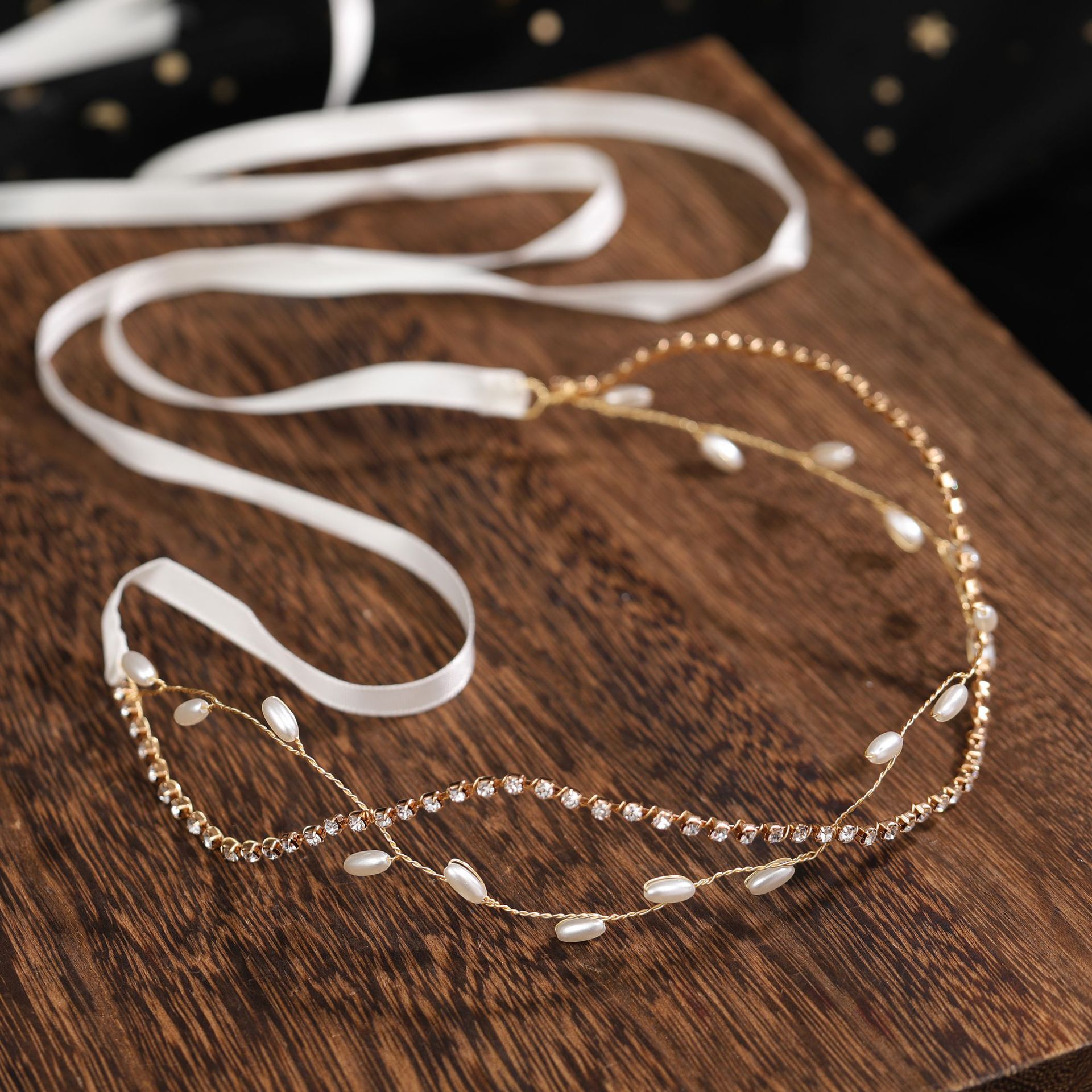 Gold Rhinestone Pearl Satin Ribbon Bridal Headband Delicate Wedding Party Women Boho Thin Hair Accessory