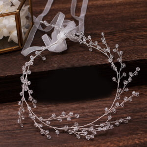 Silver Clear Crystal Vine Organza Ribbon Bridal Headband Elegant Wedding Party Women Boho Hair Accessory