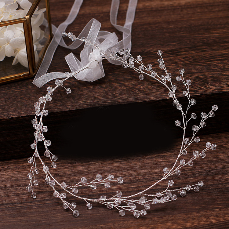 Silver Clear Crystal Vine Organza Ribbon Bridal Headband Elegant Wedding Party Women Boho Hair Accessory