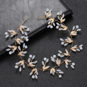 Gold Leaf Opal Bead Vine Bridal Headband Elegant Wedding Party Women Boho Flexible Hair Accessory