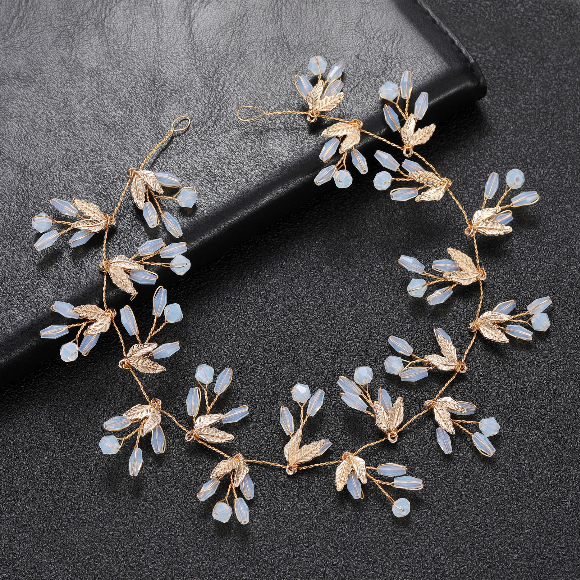 Gold Leaf Opal Bead Vine Bridal Headband Elegant Wedding Party Women Boho Flexible Hair Accessory