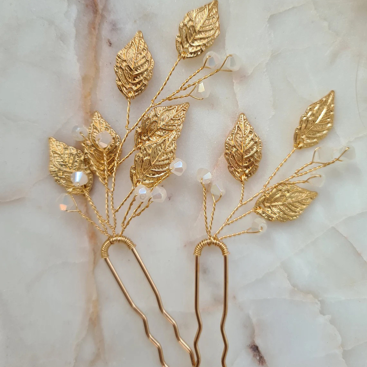 Gold Leaf Clear Crystal Bridal U Hair Pins Set Elegant Wedding Party Women Vintage Accessories