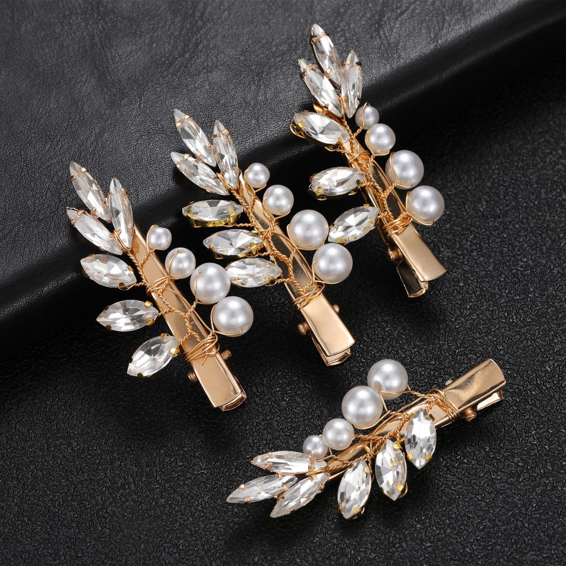 Gold Leaf Rhinestone Pearl Bridal Hair Clip Set Elegant Wedding Party Women Side Hair Accessories