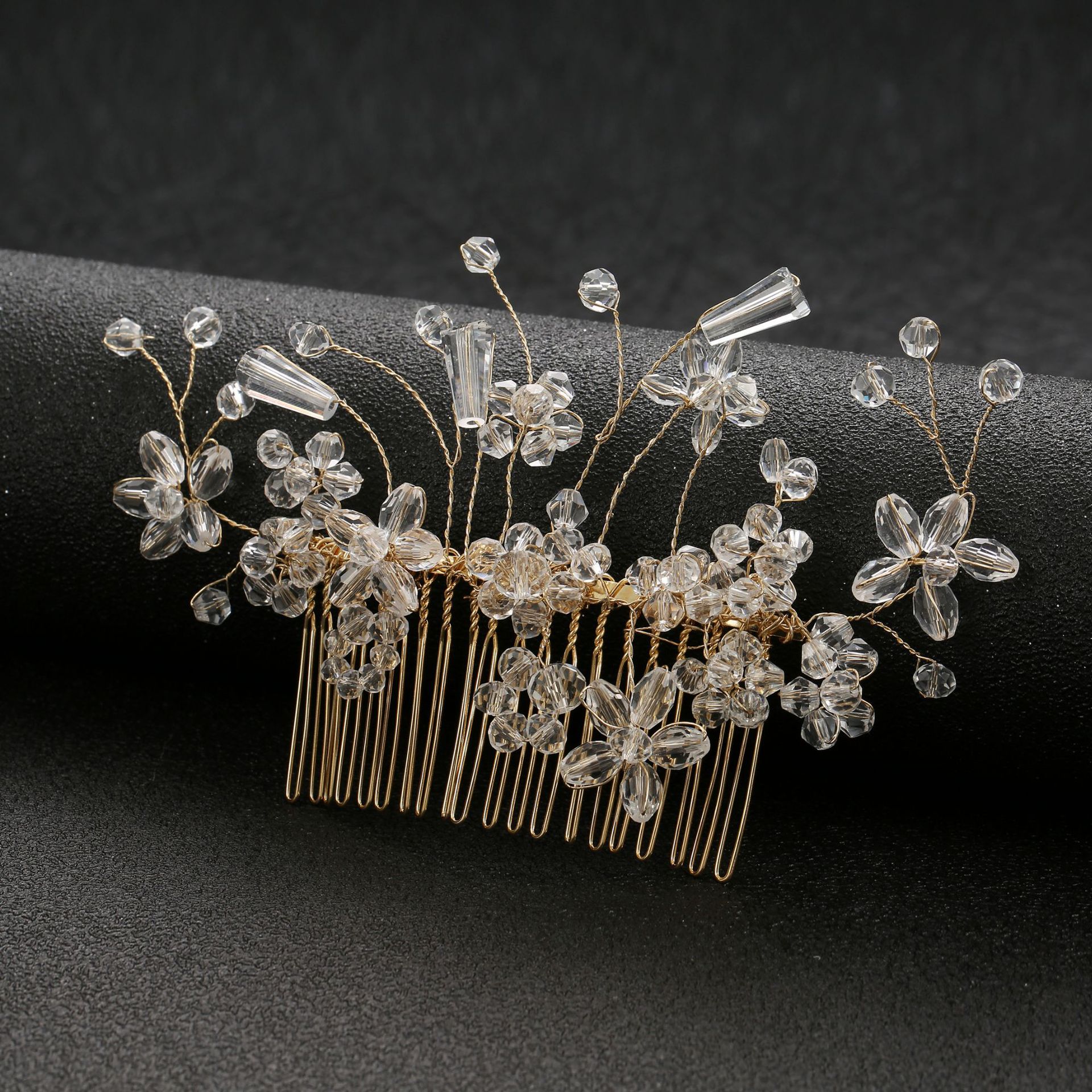 Gold Clear Crystal Flower Bridal Hair Comb Elegant Wedding Party Women Boho Floral Hair Accessory
