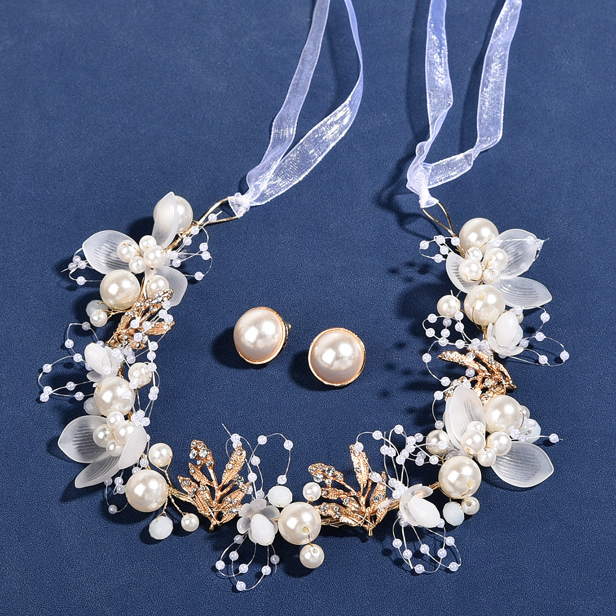 Gold Pearl Flower Bridal Headband Earrings Set Elegant Wedding Party Women Floral Ribbon Hair Accessories