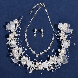 Silver Pearl Flower Bridal Headband Necklace Earrings Set Elegant Wedding Party Women Floral Bridal Accessories