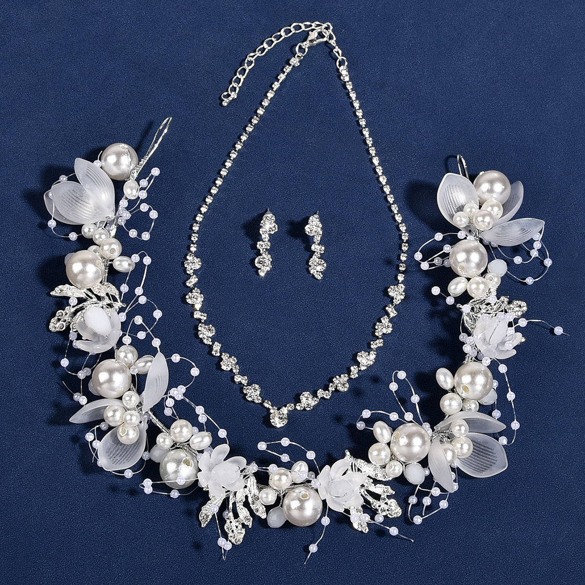 Silver Pearl Flower Bridal Headband Necklace Earrings Set Elegant Wedding Party Women Floral Bridal Accessories