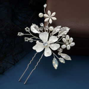 Silver White Flower Pearl Rhinestone Bridal U Hair Pin Elegant Wedding Party Women Floral Accessory