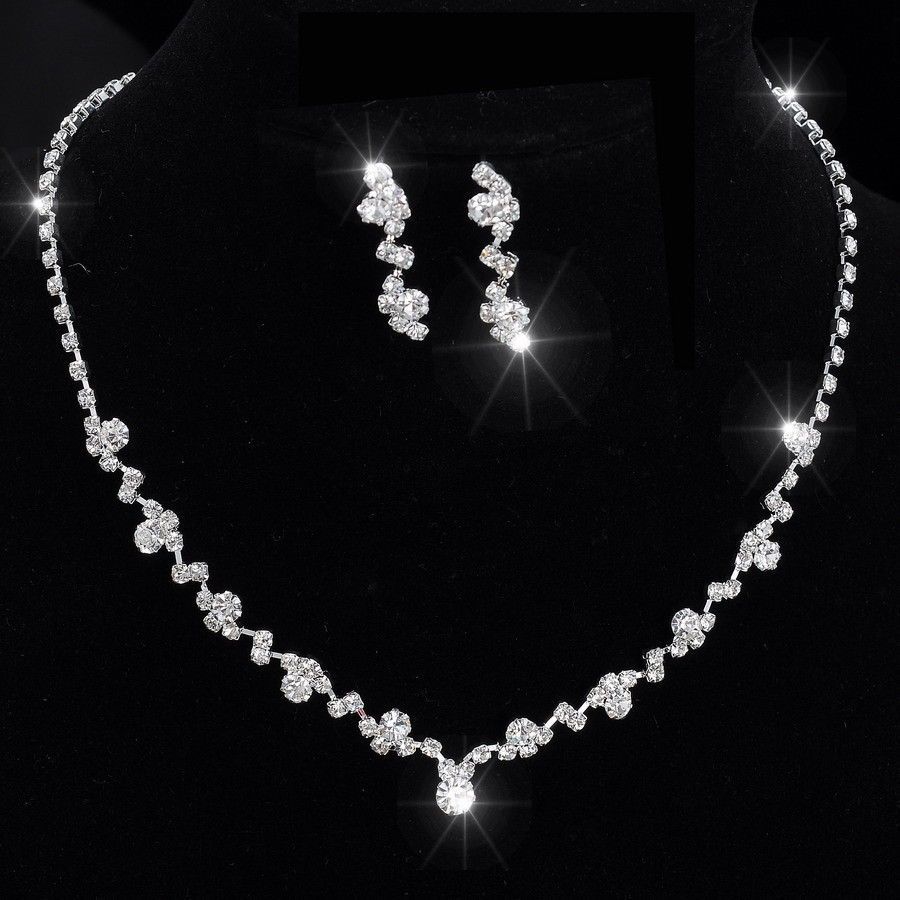 Women Wedding Bridal Jewelry Set Silver Tone Clear Zircon Floral Necklace Dangle Earrings Formal Occasion Accessories