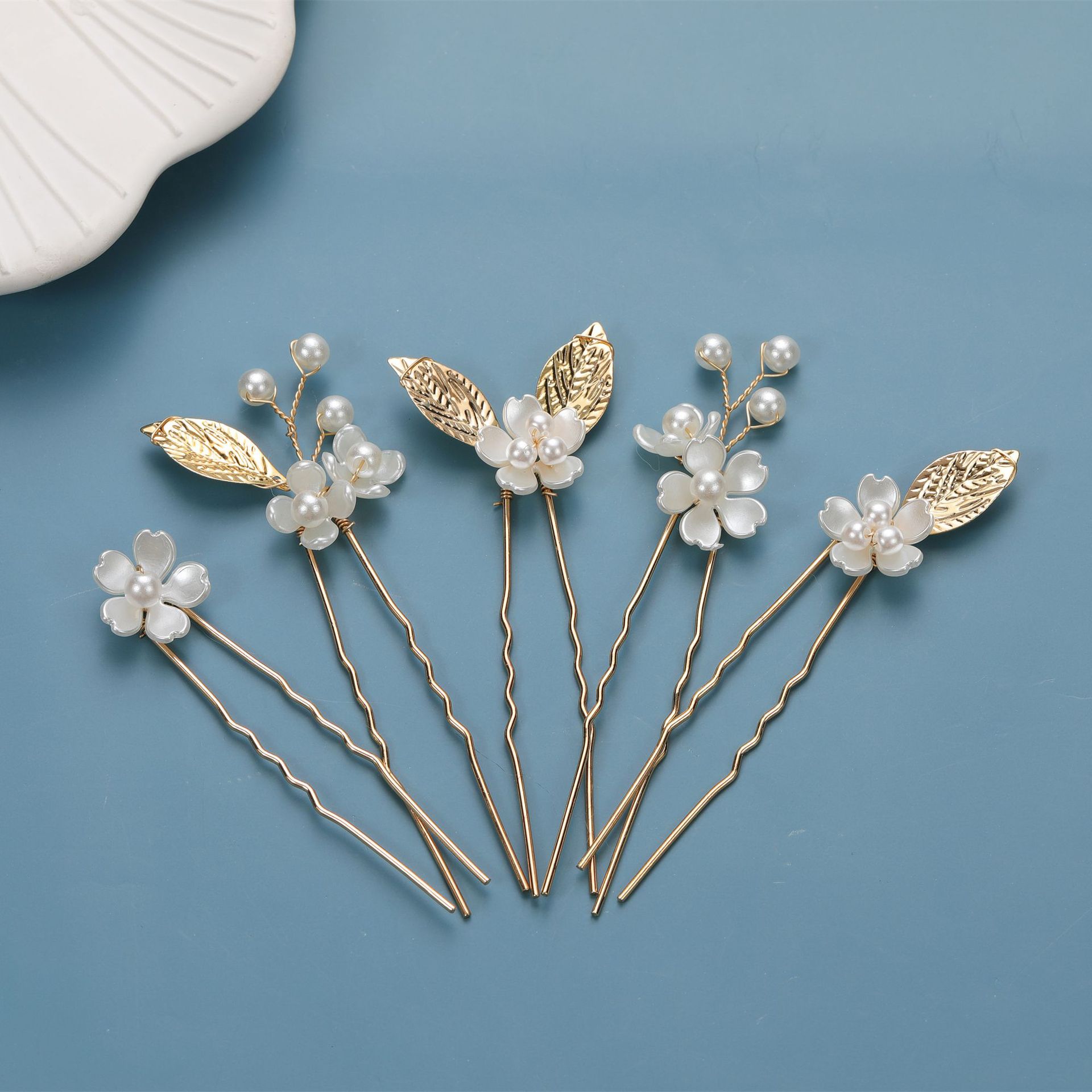 Handmade Cherry Blossom Pearl Hairpin Pack Golden Leaf Wave U Shaped Hair Sticks for Bride Updo Hairstyle