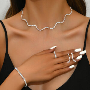 Chic Wavy Rhinestone Jewelry Set Necklace Bracelet Rings for Women Party Wear