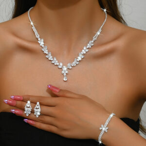 Exquisite Floral Rhinestone Jewelry Set Necklace Bracelet Dangle Earrings for Bridal Occasions