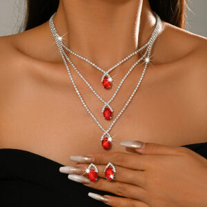 Multi‑Layer Oval Pendant Rhinestone Necklace Earrings Set For Bridal Formal Evening Occasions