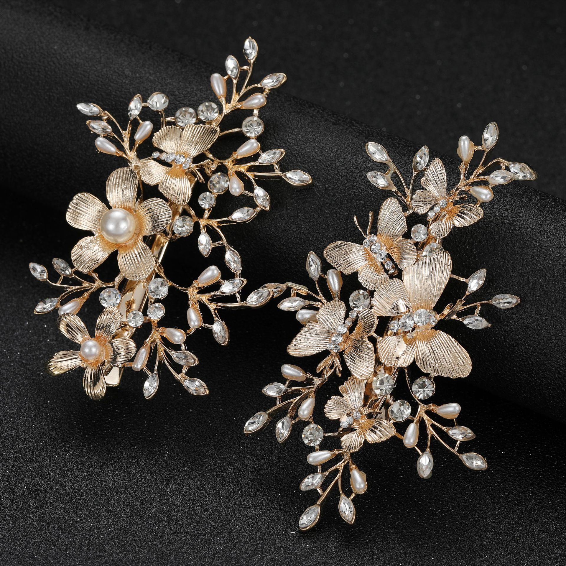 Gold Floral Butterfly Pearl Crystal Bridal Hair Clips Wedding Head Accessories