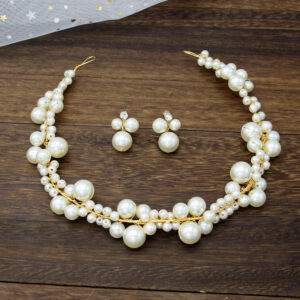 Vintage Cluster Pearl Gold Wire Bridal Necklace Earring Set for Banquet Photoshoot Party Formal Dress