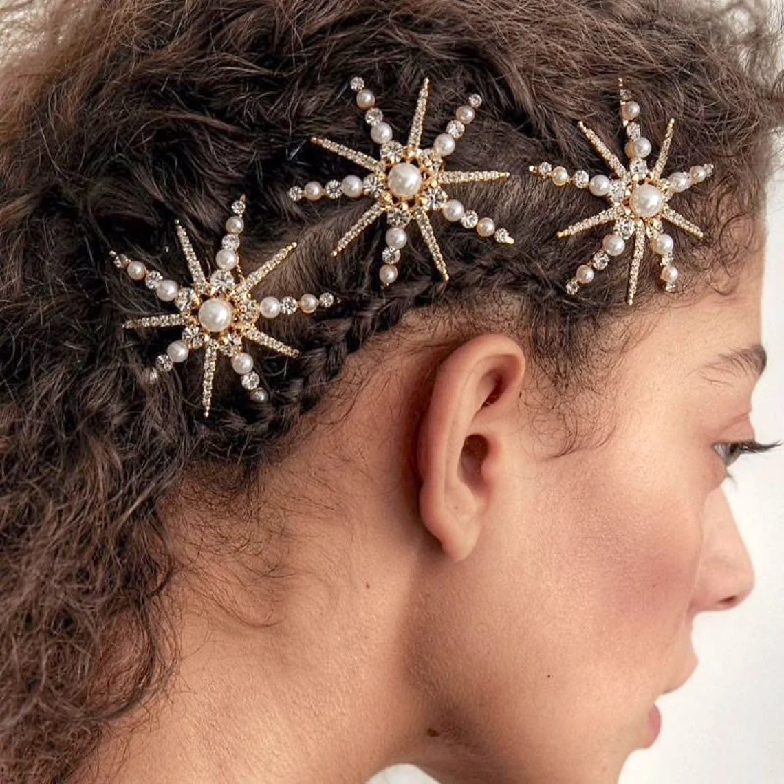 Celestial Star Snowflake Hair Pin Set Gold Tone Faux Pearl Crystal Star Hair Clips Bridesmaid Wedding Hair Jewelry