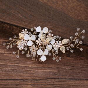 Gold White Flower Crystal Pearl Leaf Bridal Hair Comb for Wedding Prom Evening Formal Occasions
