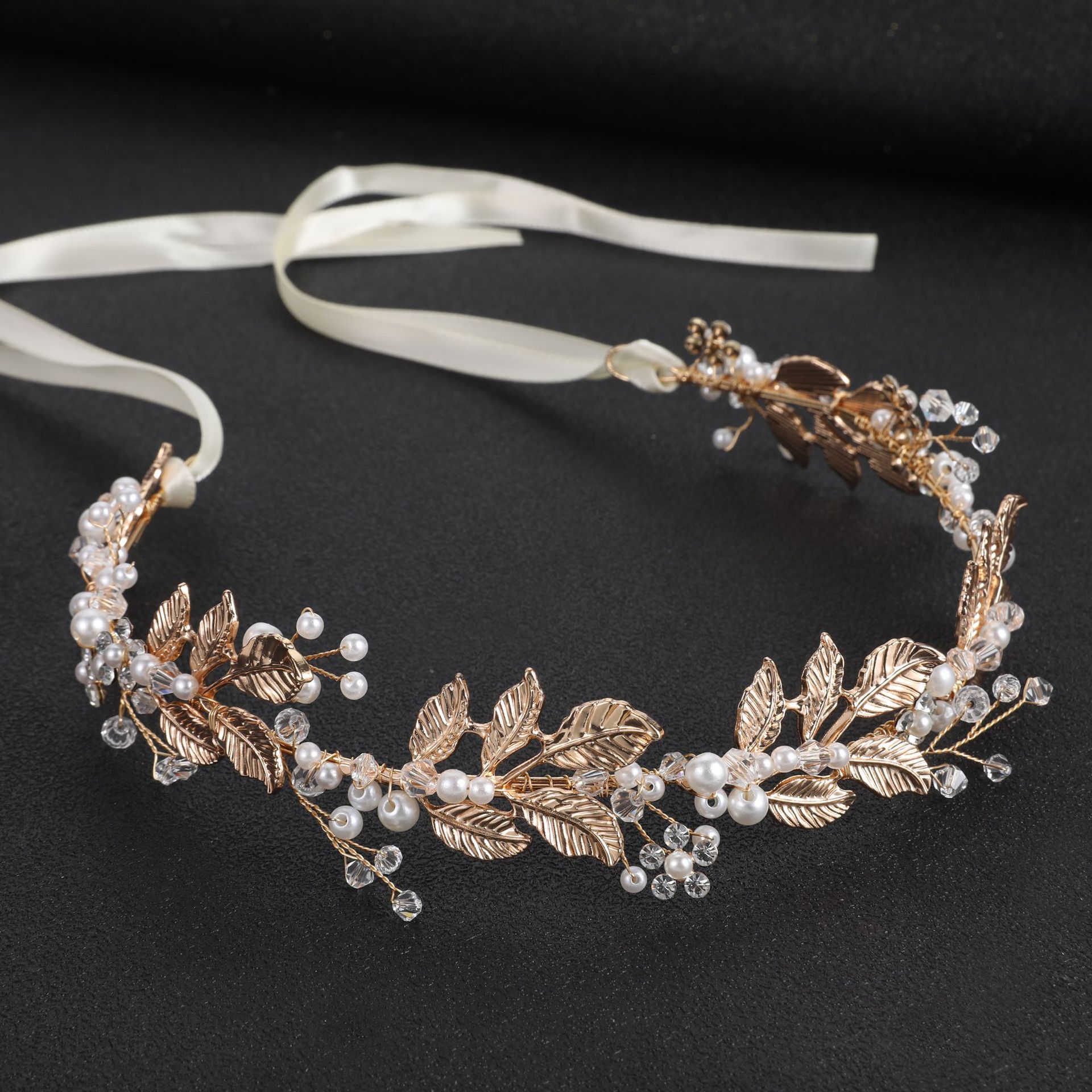 Gold Leaf Pearl Crystal Bridal Ribbon Hair Wreath for Wedding Prom Evening Formal Party Occasions