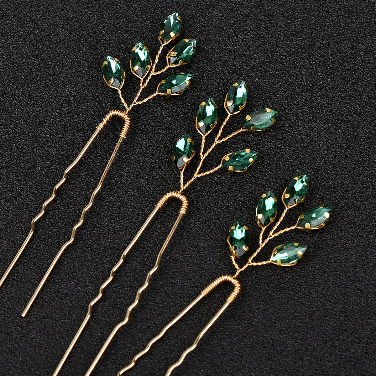 Vintage Marquise Green Rhinestone Leaf Hairpin Set Golden Wavy U Shaped Hair Sticks Bridesmaid Updo Hair Jewelry