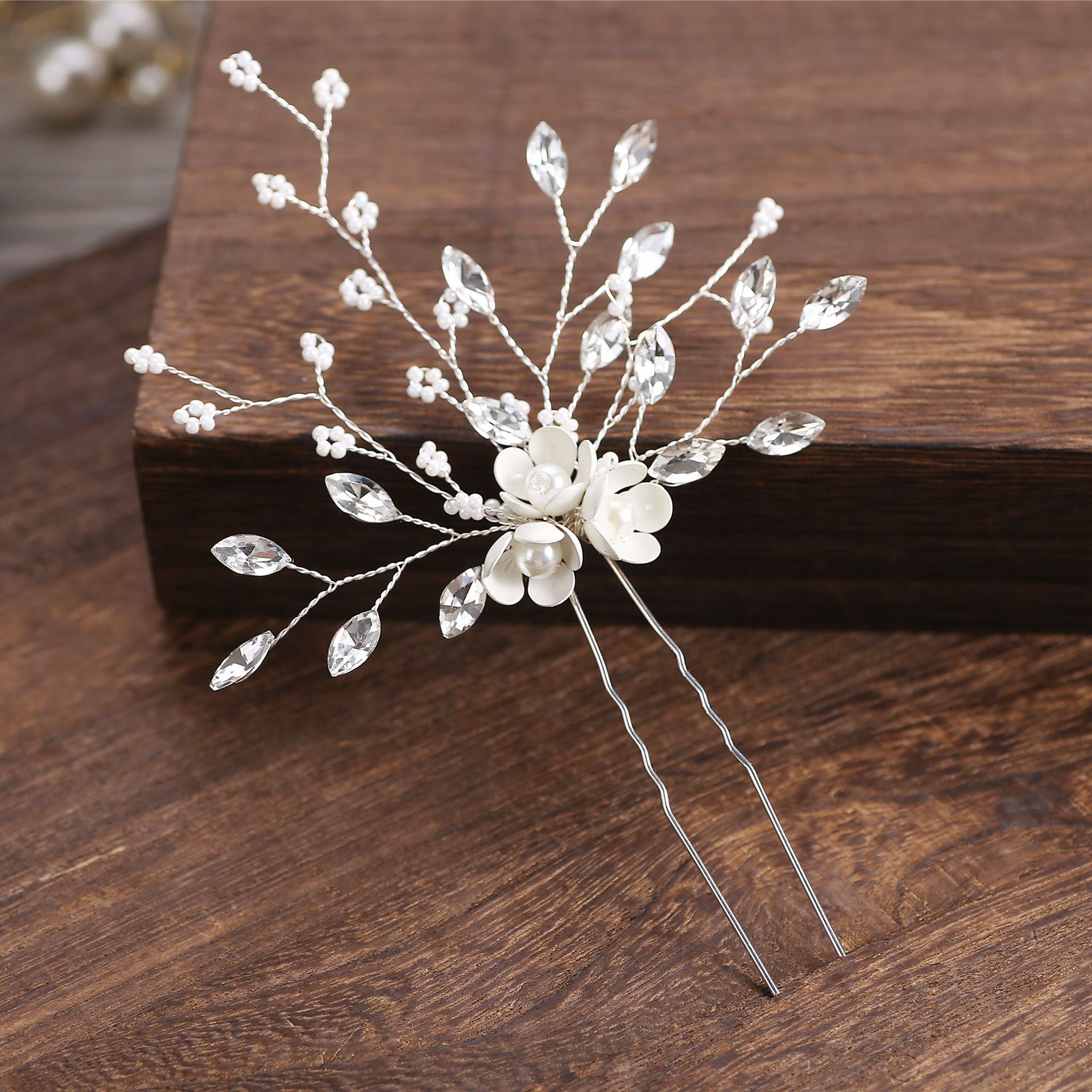 Elegant White Ceramic Flower Crystal Pearl Hair Pin for Banquet Photoshoot Wedding Updo Bridal Decor