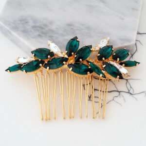 Gold Emerald Green Rhinestone Leaf Hair Comb Marquise Crystal Bridal Wedding Side Hair Comb Formal Evening Hair Accessory
